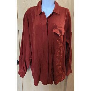 Womens Rust Button-Up Long-Sleeve Blouse Shirt W/ Chest Pocket & Back Pleat
